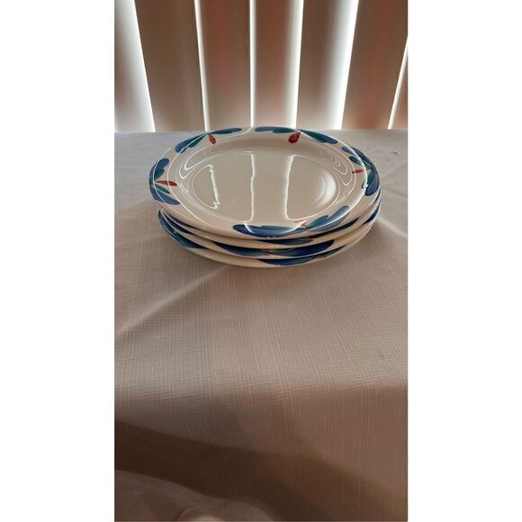 PIER 1 CERAMICA QUADRIFOGLIO HAND PAINTED BLUE GREEN DINER PLATES SET OF 4 - Picture 8 of 8